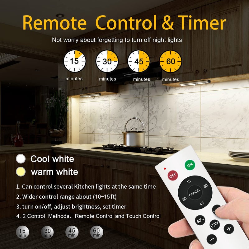 Diomart Remote Control Under Cabinet Lighting Wireless 6 Pack, 20-LED Dimmable Closet Lights Rechargeable Under Counter Light, Stick on Touch Night Light Strip Bar for Kitchen Stairway Bedroom, 3 Colors - Image 2